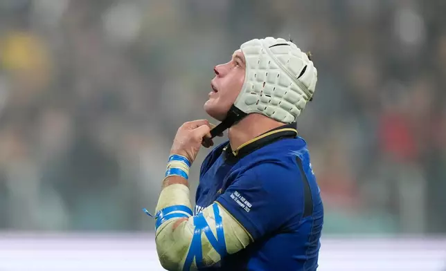 Italy's Juan Ignacio Brex reacts during the rugby union Nations Series match between Italy and South Africa, in Turin, Italy, Saturday, Nov. 15, 2025. (AP Photo/Luca Bruno)