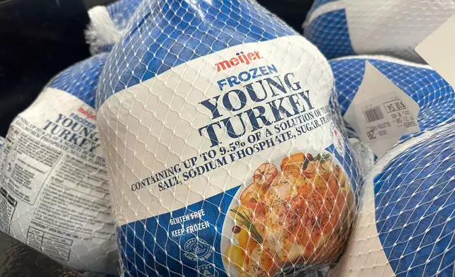 Frozen turkeys are on display at a Meijer store Friday, Nov. 21, 2025, in Canton Township, Mich. (AP Photo/Mike Householder)