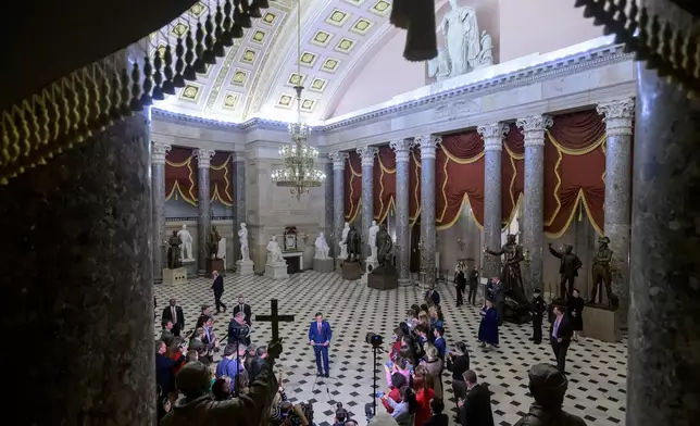 Speaker of the House Mike Johnson, R-La., speaks after the final vote to bring the longest government shutdown in history to an end, at the Capitol in Washington, Wednesday, Nov. 12, 2025. (AP Photo/Rod Lamkey, Jr.)