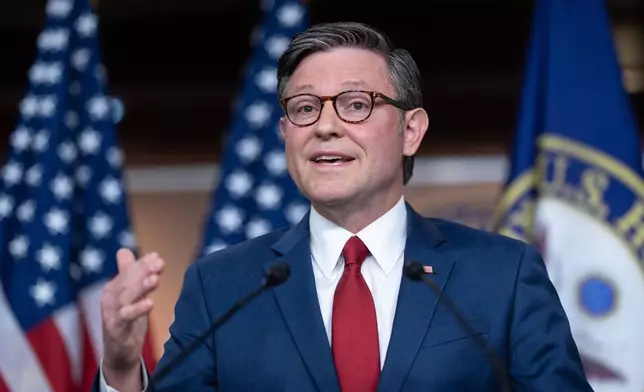 Speaker of the House Mike Johnson, R-La., makes a statement to reporters following a vote in the Senate to move forward with a stopgap funding bill to reopen the government through Jan. 30, at the Capitol in Washington, Monday, Nov. 10, 2025. (AP Photo/J. Scott Applewhite)