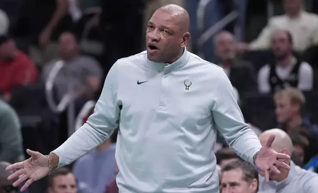 Milwaukee Bucks Head Coach Doc Rivers reacts during the first half of an NBA basketball game Friday, Nov. 14, 2025, in Milwaukee. (AP Photo/Morry Gash)