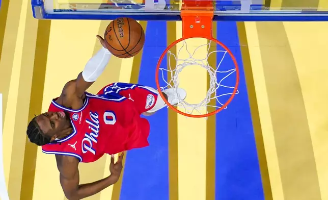 Philadelphia 76ers' Tyrese Maxey goes up for the shot during the first half of an NBA Cup basketball game against the Orlando Magic, Tuesday, Nov. 25, 2025, in Philadelphia. (AP Photo/Chris Szagola)