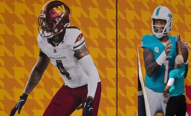 A worker pastes a poster on the facade of the renovated Santiago Bernabeu stadium ahead of an NFL regular-season game between the Washington Commanders and the Miami Dolphins in Madrid, Spain, Tuesday, Nov. 11, 2025. (AP Photo/Bernat Armangue)