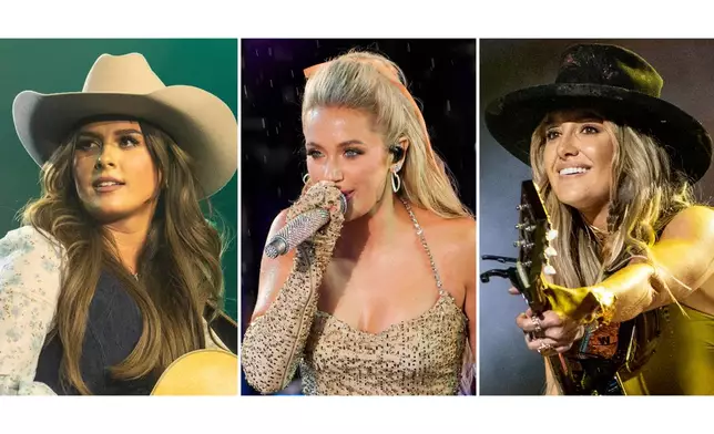This combination of photos shows Ella Langley performing in Nashville, Tenn., on Feb. 28, 2024, left, Megan Moroney performing in New York on Dec. 31, 2024, center, and Lainey Wilson performing in Nashville, Tenn., on June 9, 2023. (AP Photo)