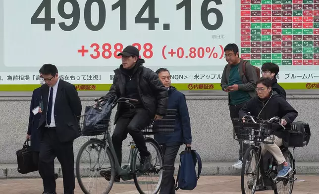 People cross a street near an electronic stock board showing Japan's Nikkei index at a securities firm Tuesday, Nov. 25, 2025, in Tokyo. (AP Photo/Eugene Hoshiko)