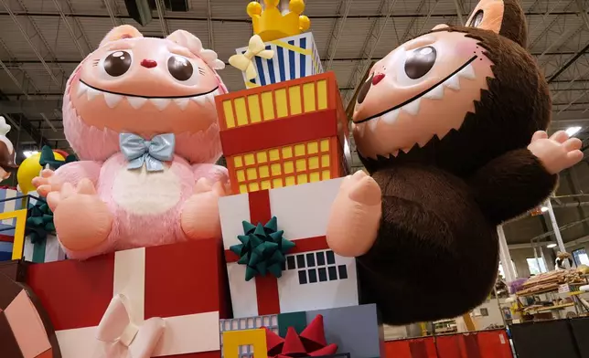 A new Thanksgiving Day float featuring Pop Mart's Labubu, right, and Mokoko are displayed during a press preview of the new floats at Macy's Parade Studio in Moonachie, N.J., Tuesday, Nov. 18, 2025. (AP Photo/Seth Wenig)
