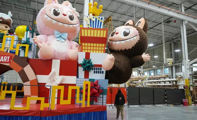 A new Thanksgiving Day float featuring Pop Mart's Labubu, right, and Mokoko are displayed during a press preview of the new floats at Macy's Parade Studio in Moonachie, N.J., Tuesday, Nov. 18, 2025. (AP Photo/Seth Wenig)