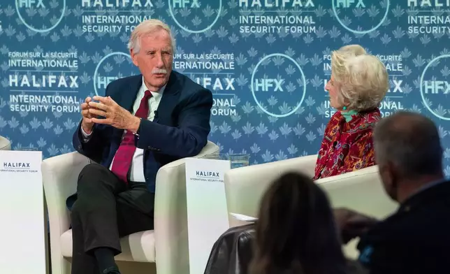 Senator Angus King, of Maine and moderator congresswoman Jane Harman, Commission on the National Defense Strategy, United States, take part in the Halifax International Security Forum on Saturday, Nov. 22, 2025. (Kelly Clark