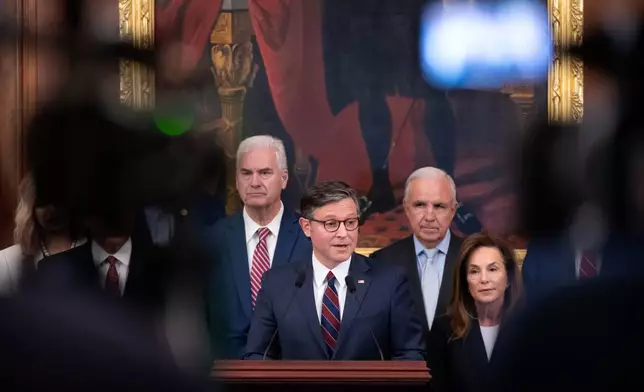 Speaker of the House Mike Johnson, R-La., center, is joined by, from left, House Majority Whip Tom Emmer of Minn., Rep. Carlos Gimenez, R-Fla., and House Republican Conference Chairwoman Lisa McClain, of Mich., as he speaks with reporters at the Capitol in Washington, Thursday, Nov. 6, 2025. (AP Photo/Mark Schiefelbein)