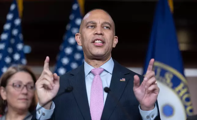 House Minority Leader Hakeem Jeffries, D-N.Y., is joined by fellow Democrats at a news conference on day 36 of the government shutdown, at the Capitol in Washington, Wednesday, Nov. 5, 2025. (AP Photo/J. Scott Applewhite)