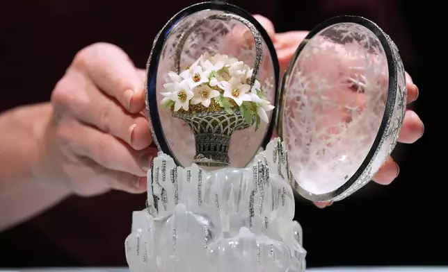 The Winter Egg by Faberge is displayed at Christie's auction rooms in London, Thursday, Nov. 27, 2025, it is expected to sell for in excess of 20 million UK Pounds when it is auctioned on Dec. 2. (AP Photo/Kirsty Wigglesworth)