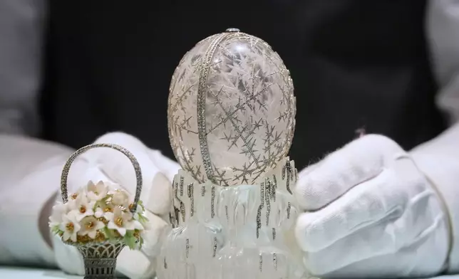 The Winter Egg by Faberge is displayed at Christie's auction rooms in London, Thursday, Nov. 27, 2025, it is expected to sell for in excess of 20 million UK Pounds when it is auctioned on Dec. 2. (AP Photo/Kirsty Wigglesworth)
