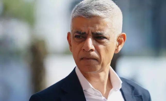 FILE - Mayor of London Sadiq Khan attends a tech event at the John Randle Centre in Lagos, Nigeria, July 15, 2025. (AP Photo/Sunday Alamba, File)