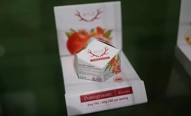 A package of fruit-flavored cannabis gummies is displayed at a dispensary Friday, Nov. 14, 2025, in Brookline, Mass. (AP Photo/Robert F. Bukaty)