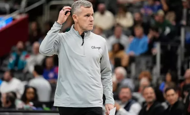 Chicago Bulls head coach Billy Donovan stands on the court during the first half of an NBA basketball game against the Detroit Pistons, Wednesday, Nov. 12, 2025, in Detroit. (AP Photo/Ryan Sun)