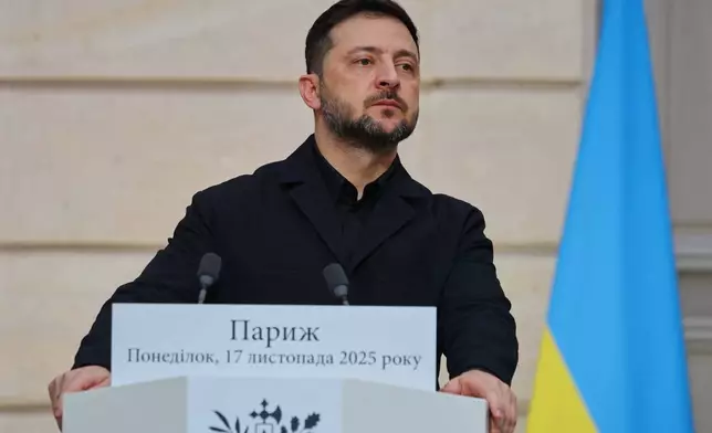 Ukrainian President Volodymyr Zelenskyy, attends a joint press conference with French President Emmanuel Macron at the Elysee Palace in Paris, Monday, Nov. 17, 2025. (Sarah Meyssonnier, Pool Photo via AP)