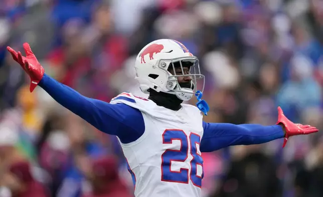 Buffalo Bills safety Sam Franklin Jr. (28) reacts before the first half of an NFL football game against the Tampa Bay Buccaneers, Sunday, Nov. 16, 2025, in Orchard Park, N.Y. (AP Photo/Carolyn Kaster)