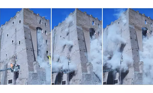 This combo of three pictures shows a cloud of debris from a second collapse surrounding firefighters who were trying to rescue a worker after a medieval tower near the Roman Forum partially collapsed during renovation work, in Rome, Italy, Monday Nov. 3 2025. (AP Photo/Domenico Stinellis)