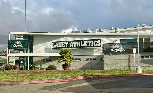 The Laney Athletics building is seen one day after a shooting at Laney College in Oakland, Calif., Friday, Nov. 14 2025. (AP Photo/Haven Daley)