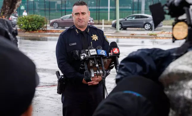 James Beere, assistant chief of police of the Oakland Police Department, speaks during a news conference after a shooting at Laney College in Oakland, Calif., on Thursday, Nov. 13, 2025. (Santiago Mejia/San Francisco Chronicle via AP)