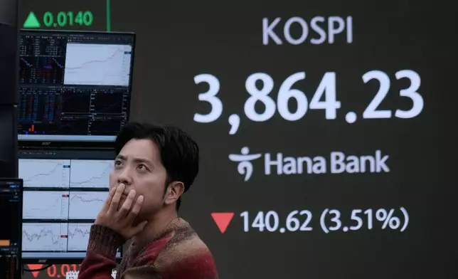A currency trader watches monitors near a screen showing the Korea Composite Stock Price Index (KOSPI) at the foreign exchange dealing room of the Hana Bank headquarters in Seoul, South Korea, Friday, Nov. 21, 2025. (AP Photo/Ahn Young-joon)