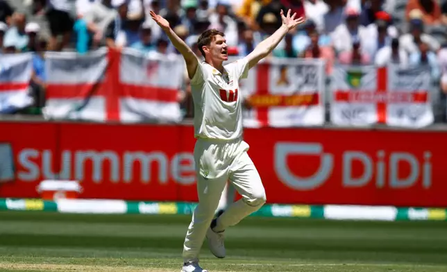 Australia's Brendan Doggett appeals unsuccessfully for the wicket of England's Ollie Pope during the first Ashes cricket test match between Australia and England in Perth, Friday, Nov. 21, 2025.(AP Photo/Gary Day)