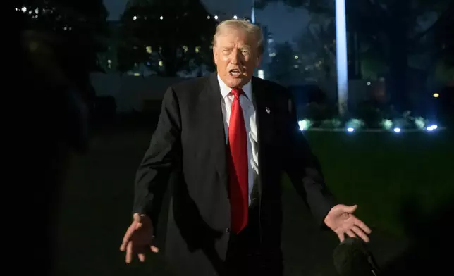 President Donald Trump talks with reporters upon his arrival at the White House in Washington, Sunday, Nov. 9, 2025. (AP Photo/Rod Lamkey, Jr.)