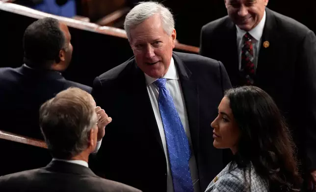 FILE - Mark Meadows talks on the floor before Israeli Prime Minister Benjamin Netanyahu speaks to a joint meeting of Congress at the Capitol in Washington, Wednesday, July 24, 2024. (AP Photo/Julia Nikhinson, file)