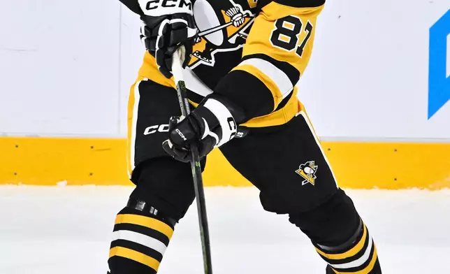 Penguin's Sidney Crosby in action during the NHL Global Series hockey game between the Pittsburgh Penguins and the Nashville Predators in Stockholm, Sweden, Sunday, Nov. 16, 2025. (Claudio Bresciani/TT News Agency via AP)