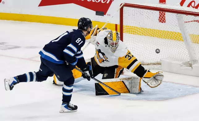 Winnipeg Jets' Kyle Connor (81) scores on a penalty shot against Pittsburgh Penguins goaltender Arturs Silovs (37) during the second period of an NHL hockey game, Saturday, Nov. 1, 2025, in Winnipeg, Manitoba. (John Woods/The Canadian Press via AP)