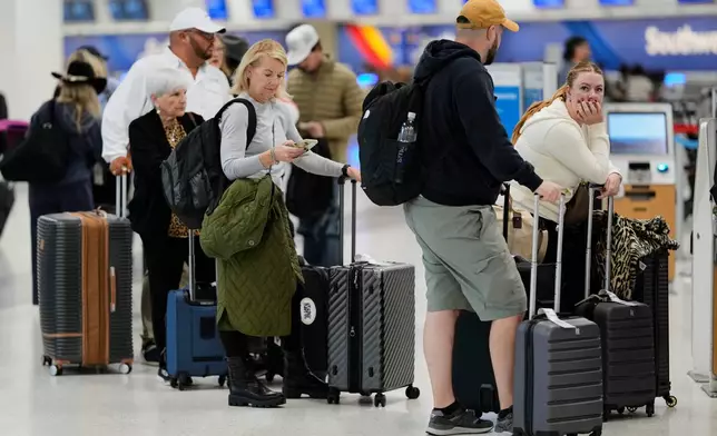 Travelers wait to check in for their flight at the Nashville International Airport, Tuesday, Nov. 25, 2025, in Nashville, Tenn. (AP Photo/George Walker IV)