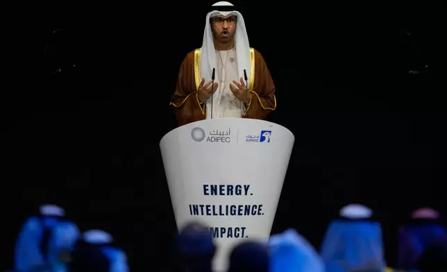 UAE Minister of Industry and Advanced Technology and Managing Director of state-run Abu Dhabi National Oil Co. (ADNOC) Sultan al-Jaber speaks during the inaugural session of annual Abu Dhabi International Petroleum Exhibition and Conference (ADIPEC), in Abu Dhabi, United Arab Emirates, Monday, Nov. 3, 2025. (AP Photo/Altaf Qadri)