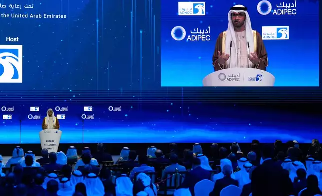 UAE Minister of Industry and Advanced Technology and Managing Director of state-run Abu Dhabi National Oil Co. (ADNOC) Sultan al-Jaber speaks during the inaugural session of annual Abu Dhabi International Petroleum Exhibition and Conference (ADIPEC) in Abu Dhabi, United Arab Emirates, Monday, Nov. 3, 2025. (AP Photo/Altaf Qadri)