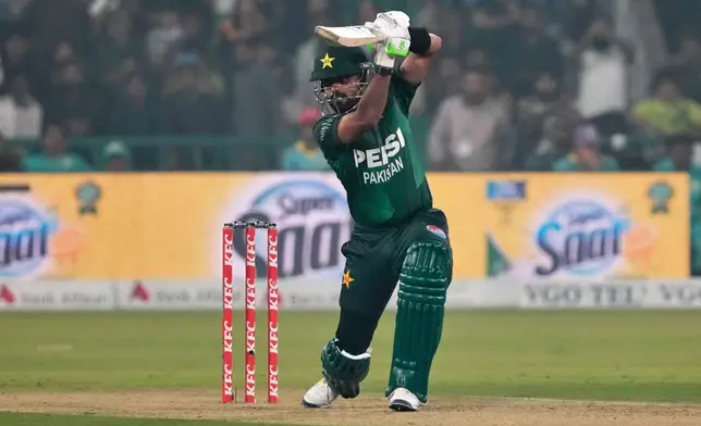 Pakistan's Babar Azam bats during the second T20 cricket match between Pakistan and South Africa, in Lahore, Pakistan, Friday, Oct. 31, 2025. (AP Photo/K.M. Chaudary)