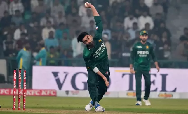 Pakistan's Salman Mirza bowls during the second T20 cricket match between Pakistan and South Africa, in Lahore, Pakistan, Friday, Oct. 31, 2025. (AP Photo/K.M. Chaudary)