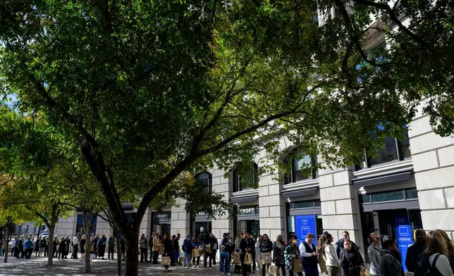 Hundreds of people wait in line to receive free meals from the World Central Kitchen as they provide food to federal employees and their families near the U.S. Navy Memorial Plaza, during the federal government shutdown, Wednesday, Nov. 5, 2025, in Washington. (AP Photo/Rod Lamkey, Jr.)