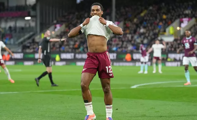 Arsenal's Jurrien Timber reacts during the English Premier League soccer match between Burnley and Arsenal in Burnley, England, Saturday, Nov. 1, 2025. (AP Photo/Jon Super)