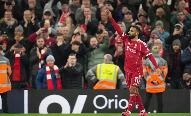 Liverpool's Mohamed Salah reacts during the English Premier League soccer match between Liverpool and Aston Villa in Liverpool, England, Saturday, Nov. 1, 2025. (AP Photo/Jon Super)