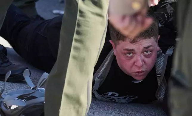 Illinois State police detain a protester outside an ICE processing facility in the Chicago suburb of Broadview, Ill., Friday, Nov. 14, 2025. (AP Photo/Nam Y. Huh)
