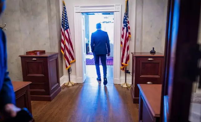 Senate Majority Leader John Thune, R-S.D., walks to his private office after speaking to reporters about a stopgap funding bill to reopen the government through Jan. 30, 2026, at the Capitol in Washington, Monday, Nov. 10, 2025. (AP Photo/J. Scott Applewhite)