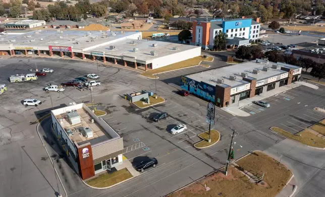 The scene of an ammonia spill at the Holiday Inn Express in Weatherford, Okla. on Thursday, Nov. 13, 2025. (AP Photo/Alonzo Adams)