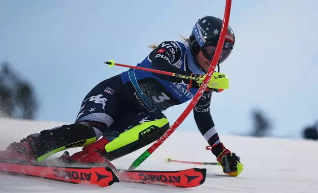 United States' Mikaela Shiffrin competes in an alpine ski, women's World Cup slalom, in Levi, Finland, Saturday, Nov. 15, 2025. (AP Photo/Marco Trovati)