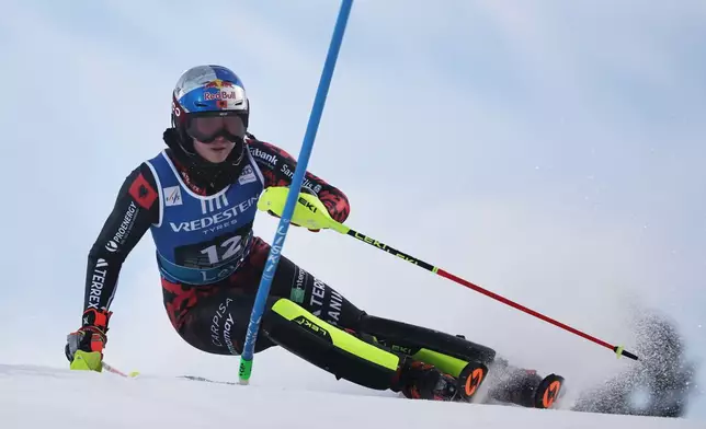 Albania's Lara Colturi competes in an alpine ski, women's World Cup slalom, in Levi, Finland, Saturday, Nov. 15, 2025. (AP Photo/Marco Trovati)
