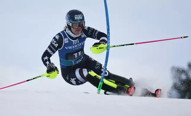 United States' Paula Moltzan competes in an alpine ski, women's World Cup slalom, in Levi, Finland, Saturday, Nov. 15, 2025. (AP Photo/Marco Trovati)