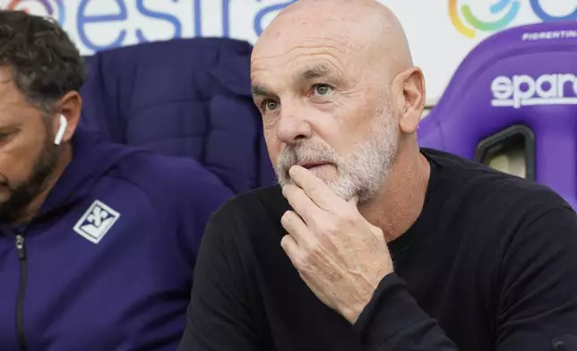 Fiorentina's head coach Stefano Pioli gestures during the Serie A soccer match between Fiorentina and Lecce at the Artemio Franchi stadium in Florence, center of Italy, Sunday, Nov. 2, 2025. (Marco Bucco/LaPresse via AP)