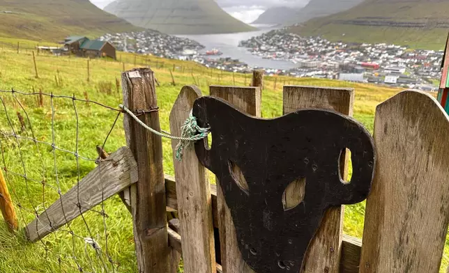 FILE - The image of a sheep decorates a gate in Klaksvik, Faroe Islands, Sept. 10, 2025. (AP Photo/Cara Anna, File)