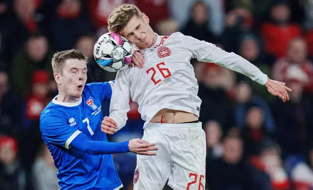 FILE - Denmark's Elias Jelert, right, and the Faroe Islands' Petur Knudsen battle for a head ball during an international friendly soccer at Broendby Stadium, Tuesday, March 26, 2024, in Copenhagen, Denmark. (Liselotte Sabroe/Ritzau Scanpix via AP, File)