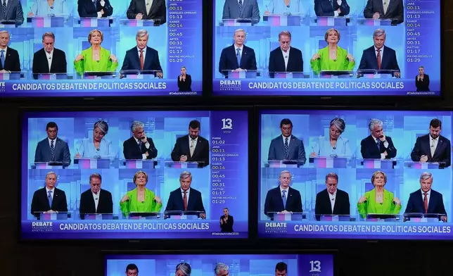 Presidential candidates for the upcoming general elections are seen on TV screens during a debate in a hall of Televisión Nacional de Chile in Santiago, Chile, Monday, Nov. 10, 2025. (AP Photo/Esteban Felix)