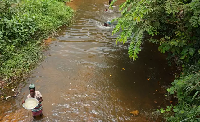 A woman fetches water from a stream in the Jema community in the Western North Region, Ghana, Thursday, Sept. 11, 2025. (AP Photo/Tsraha Yaw)