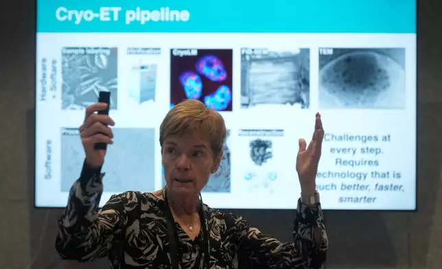 Biohub Founding Technical Director Bridget Carragher speaks during a tour of the Biohub Imaging Institute in Redwood City, Calif., Wednesday, Nov. 5, 2025. (AP Photo/Jeff Chiu)